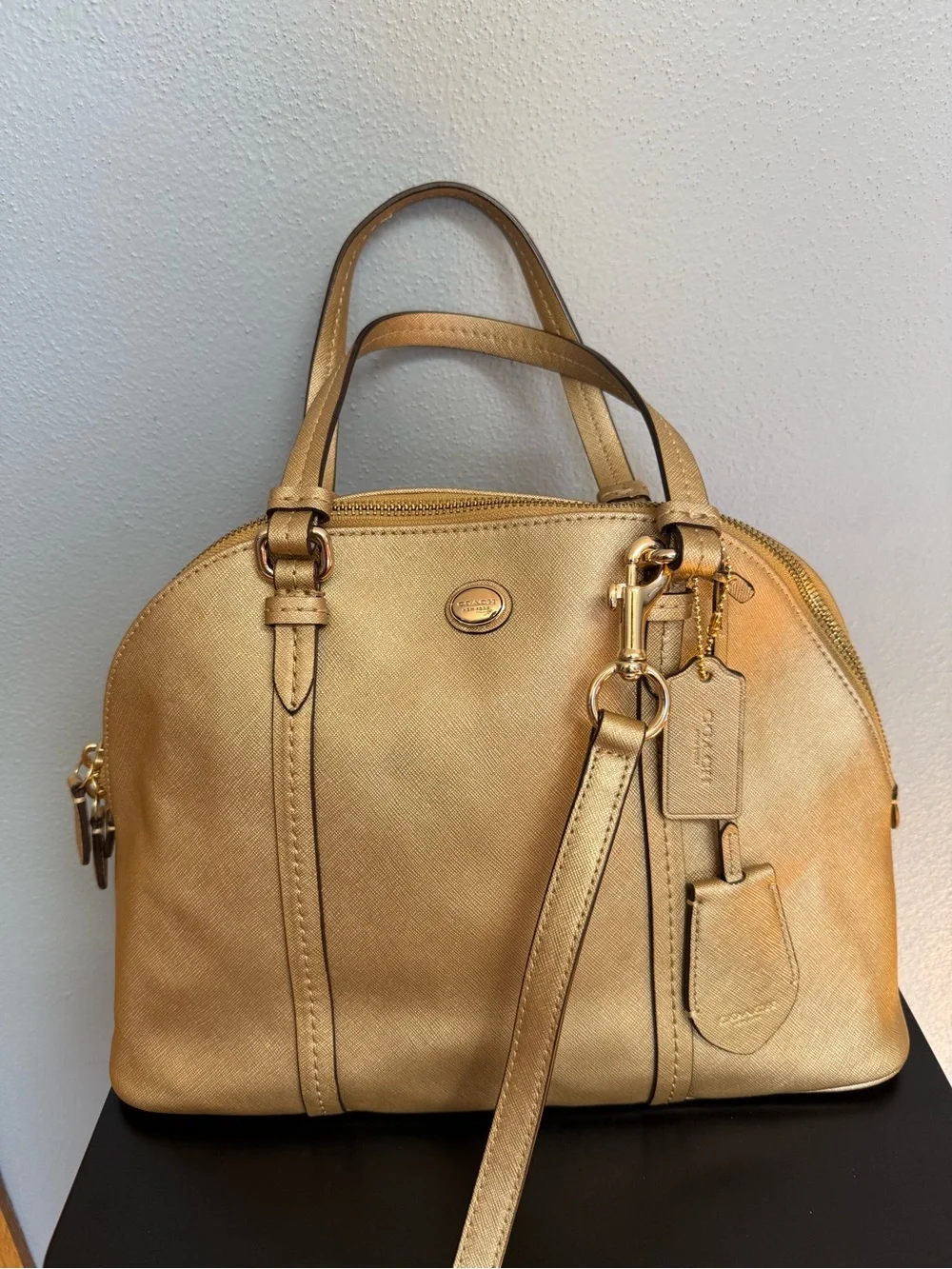 Coach Peyton Leather Cora Domed Satchel in metallic gold with saffiano leather